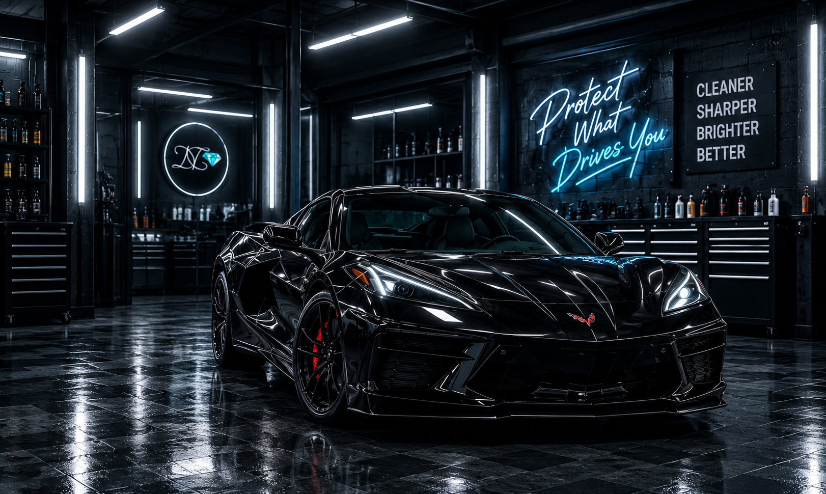 Black Chevrolet Corvette in the Diamond Auto Detailing studio in Chesapeake, Virginia